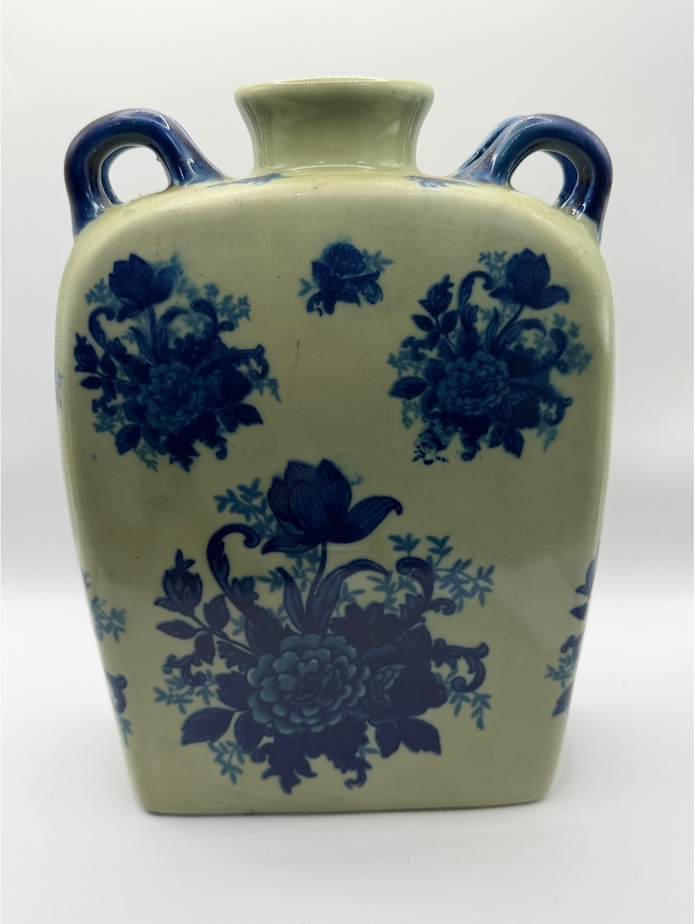 Vintage Ceramic Vase with Blue Floral Design and Dual Handles